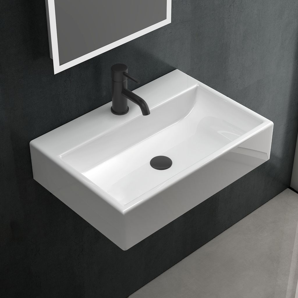 Alpenberger Waschbecken Eckig | Keramik Hängewaschbecken Aufsatzbecken | Waschtisch für Bad & Gäste WC | Aufsatzwaschbecken mit Hahnloch für Ar...