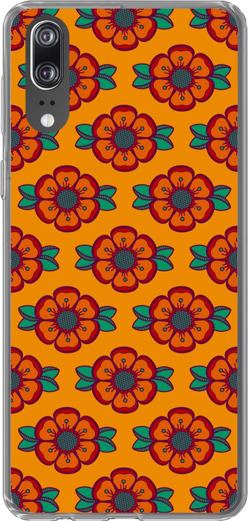 MuchoWow Handyhülle Schutzhülle Hülle für Telefoonhoesje Huawei P20 Design - Retro - Rosen - Orange Silikon Softcase Handy Hülle - Hardcover