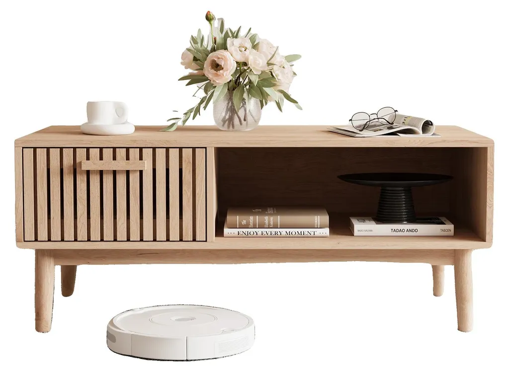Table basse rotin naturel et grand tiroir fonctionnel pour salon