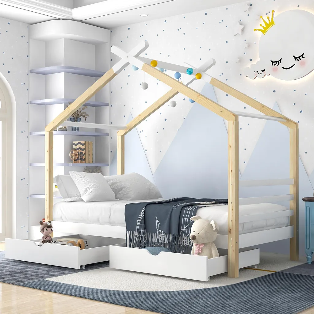 Lit Enfant Cabane 90x200 cm pour Chambre Mixte avec Grands Tiroirs