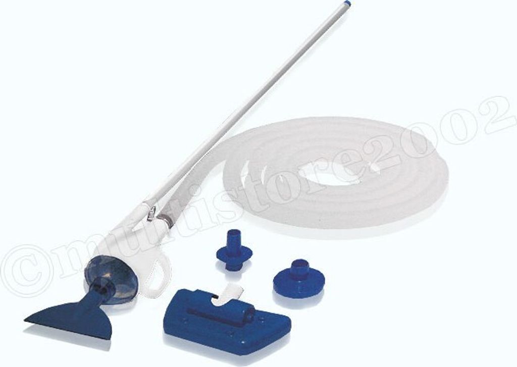 A pool cleaning vacuum set with accessories laid out on a white background.