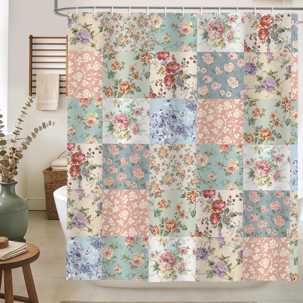 Boho-Duschvorhang im Landhausstil, 180 x 200 cm, Patchwork, Retro-Blumenmuster, Vintage-Frühlingsmotiv, Polyester, wasserdicht, maschinenwaschbar,...