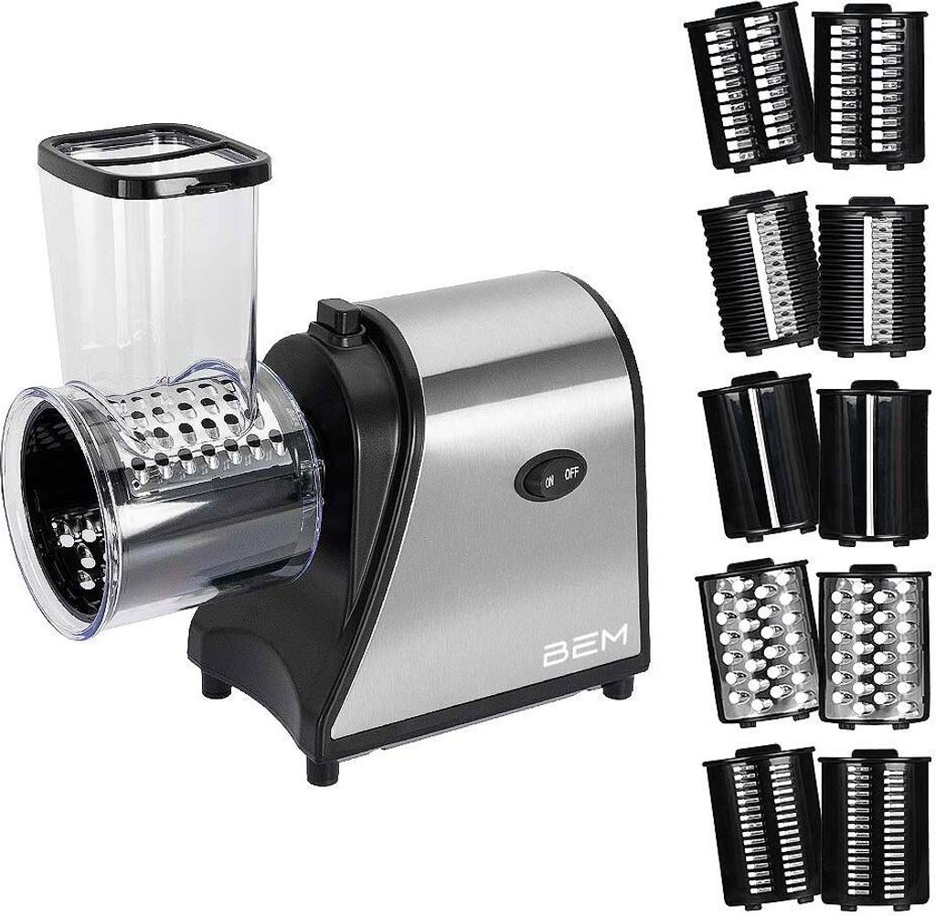A product shot of an electric multi-functional slicer with various attachments displayed on the right side.