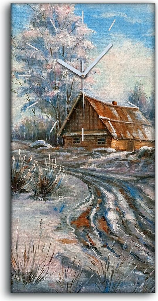 Küchenuhr Bürouhr Leinwand Uhr 30x60 Gemälde Winter Hütten Bäume Natur - weiße Hände