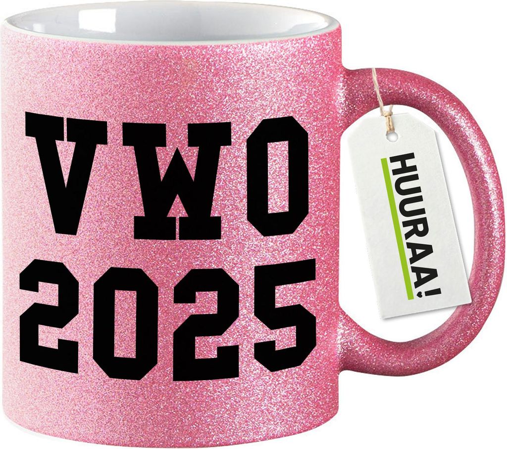 Huuraa Glitzertasse VWO 2025 Abschluss Niederlande 330ml Pink Keramik Kaffeebecher Geschenkidee