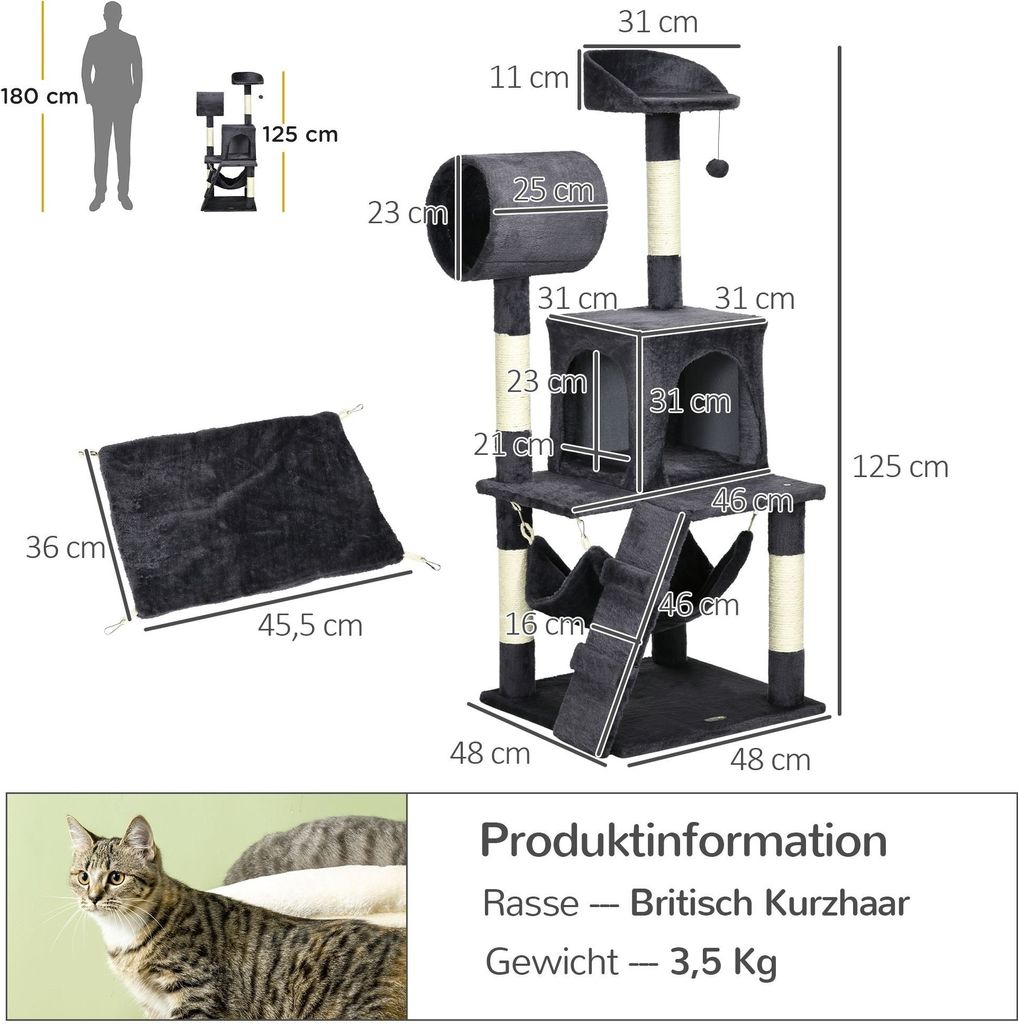 PawHut Kratzbaum, 125 cm, Katzenbaum mit Hängematte, Produktbild 3