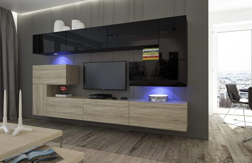 Furnitech Wohnwand Wohnzimmer - Wohnzimmer Möbel mit LED RGB - 16 Farben - Hängend Wohnwand Modern - Regale und TV Schrank (Albania AN3-17BS-HGM3...