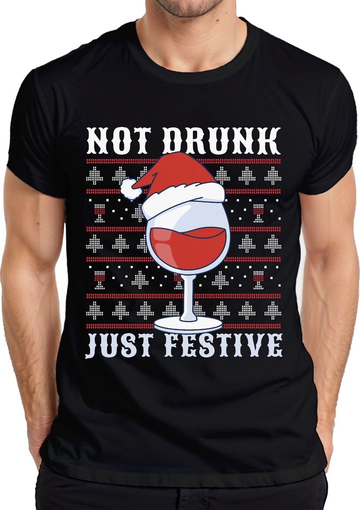 Not Drunk Just Festive Weinliebhaber - Ugly Christmas Sweater Weihnachten Weihnachtsgeschenk Herren T-Shirt, Schwarz, L