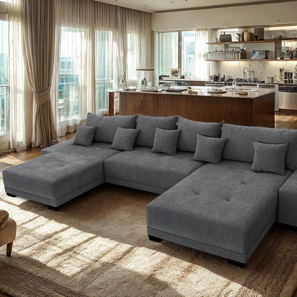 Demi U Large XXL - 382 x 187 x 95 cm - Ecksofa - Schlaffunktion, Stauraum für Bettzeug, Stoff Rosario Grau