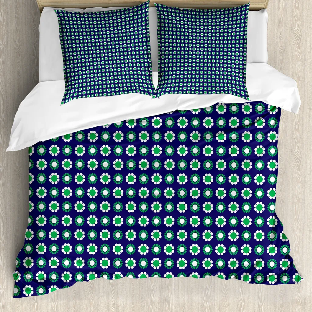 ABAKUHAUS Copripiumino Blu Navy Fiori e Pois 200x200 | Set Letto