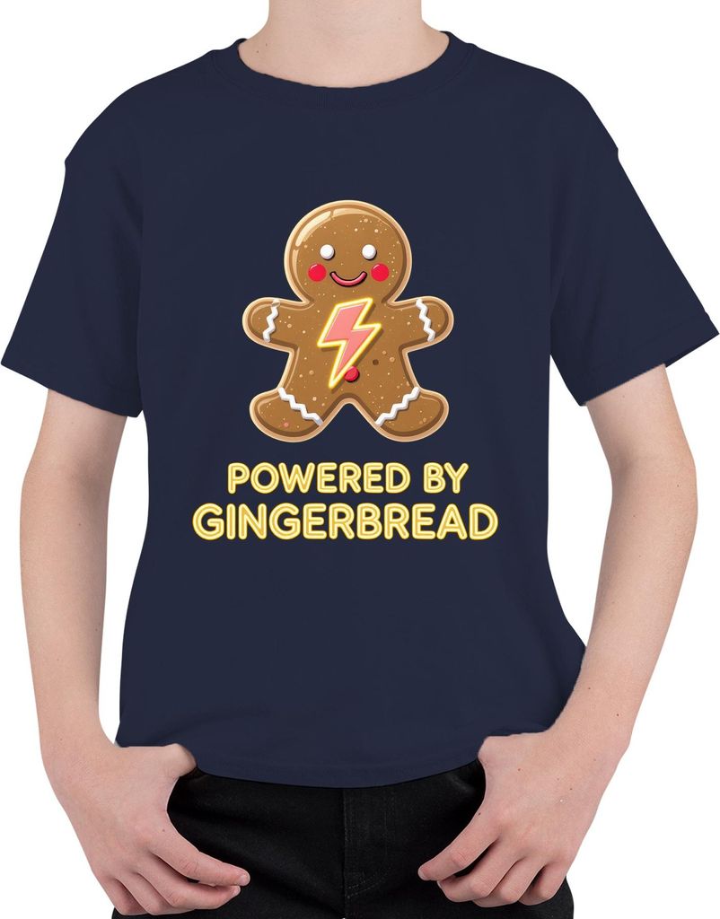 Powered by Gingerbread Weihnachten Geschenk Lebkuchen Retro funny Uni Kinder T-Shirt, Navy, 104