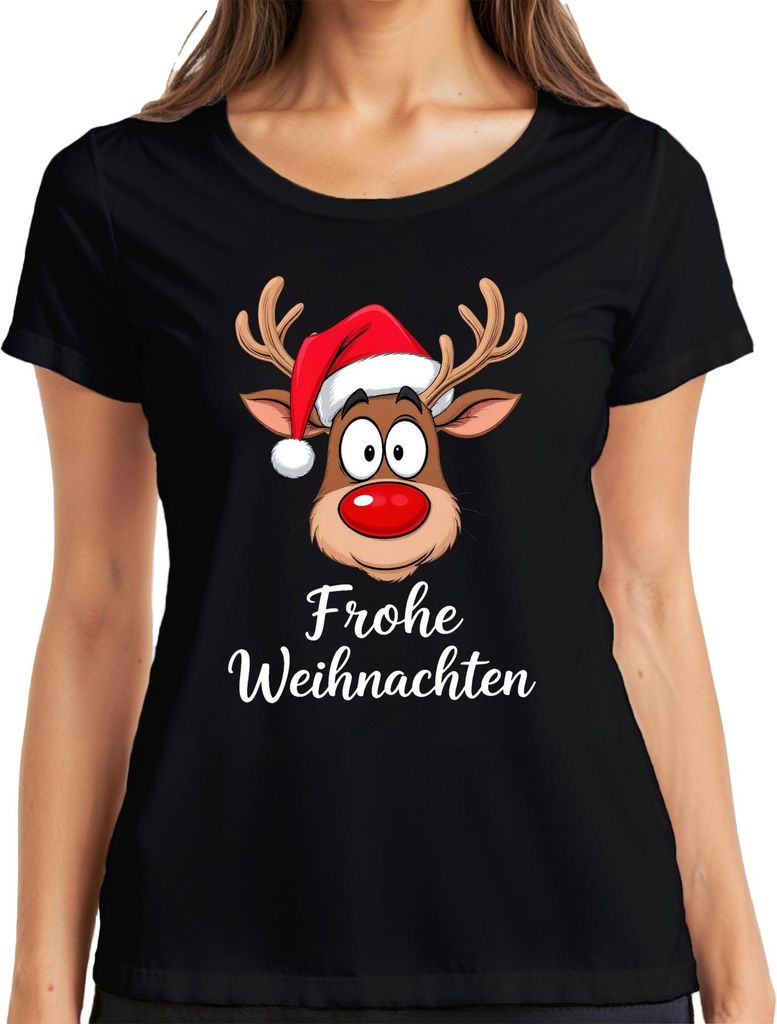 Frohe Weihnachten Rentier Rudolf Cartoon Niedlich Lustig Geschenk Damen T-Shirt, Schwarz, M