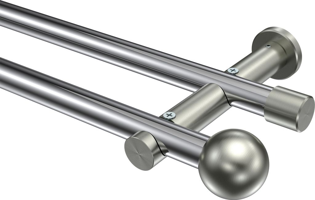 Interdeco Gardinenstange / Vorhangstange Chrom / Edelstahl-Optik, Typ Platon Luino (Kugel) ohne Ringe, 20 mm Ø 2-läufig, 260 cm
