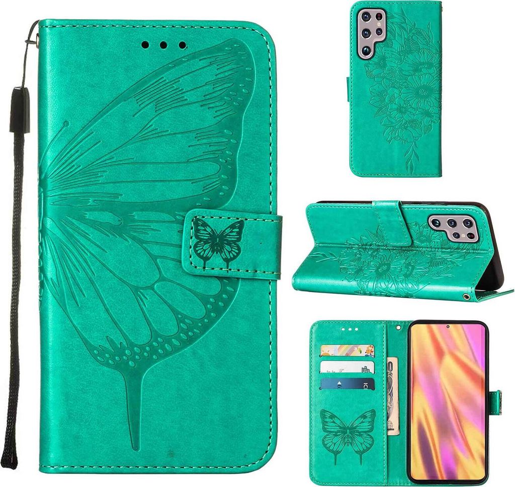 Galaxy S22 Ultra Hülle, Schmetterling Prägung Flip Leder Kartenfächer Schutzhülle Ledertasche mit Ständer für Samsung Galaxy S22 Ultra Grün