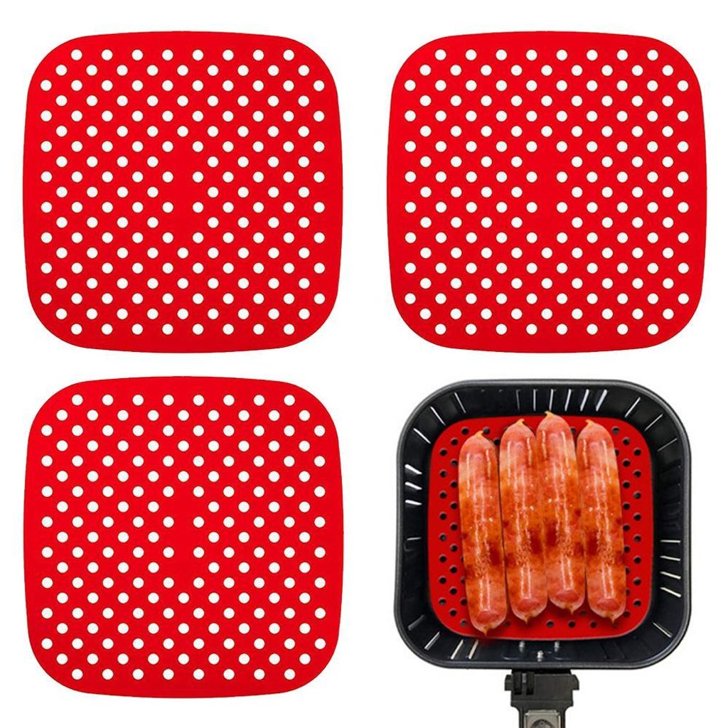 Wiederverwendbare Silikon-Airfryer-Einlagen (3er-Pack), leicht zu reinigendes Airfryer-Zubehör, antihaftbeschichtet, rot, quadratisch