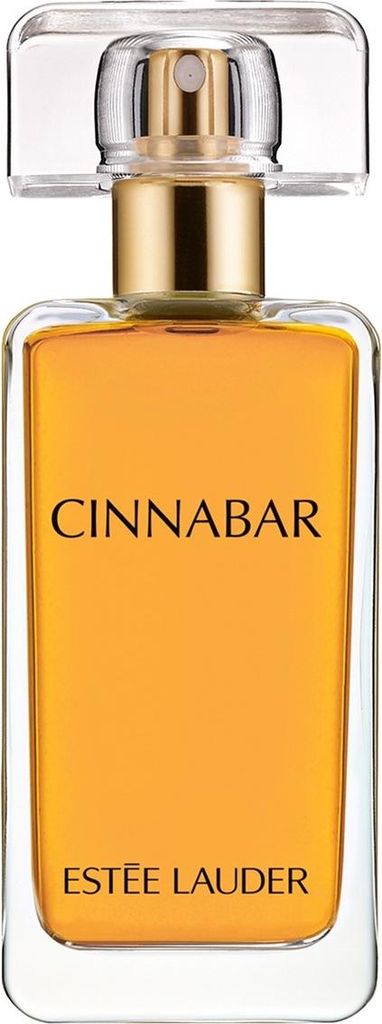 A studio shot of a bottle of Estée Lauder Cinnabar perfume.