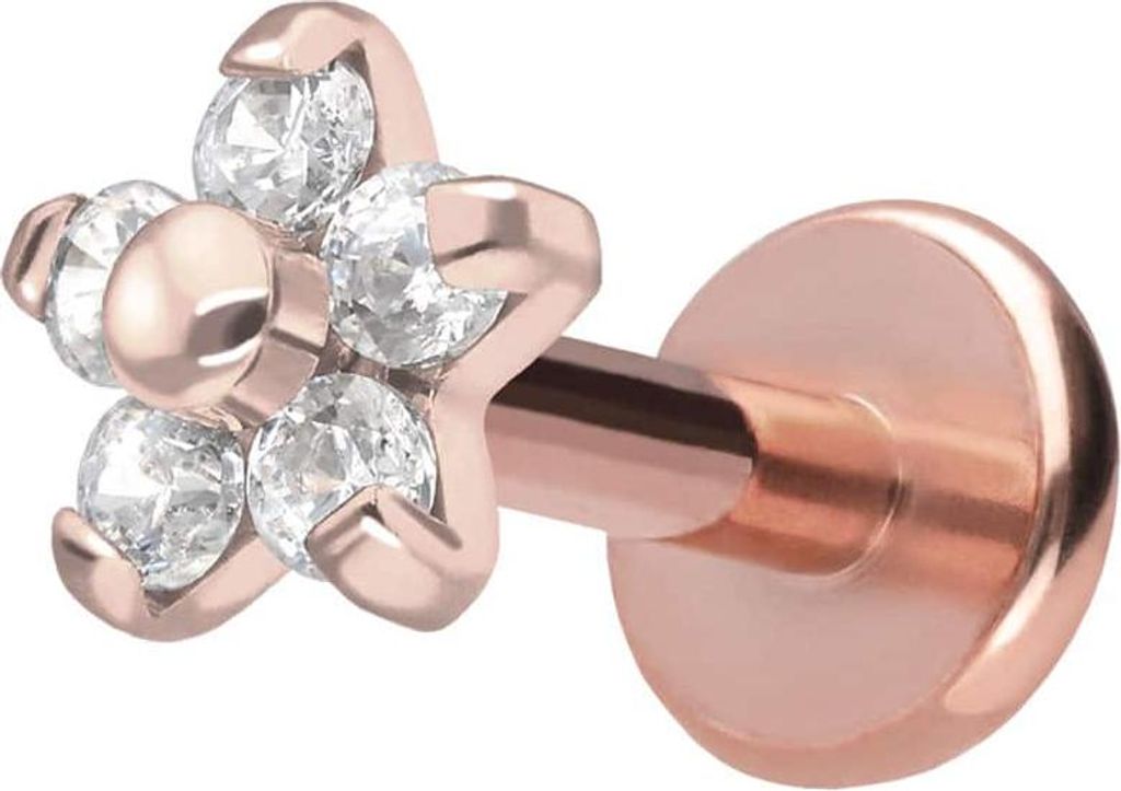 Ohrpiercing, Nasenpiercing Titan Labret mit Push Fit BLUME MIT 5 KRISTALLEN RoséGold Stablänge: 6mm | Stabstärke: 1,2mm