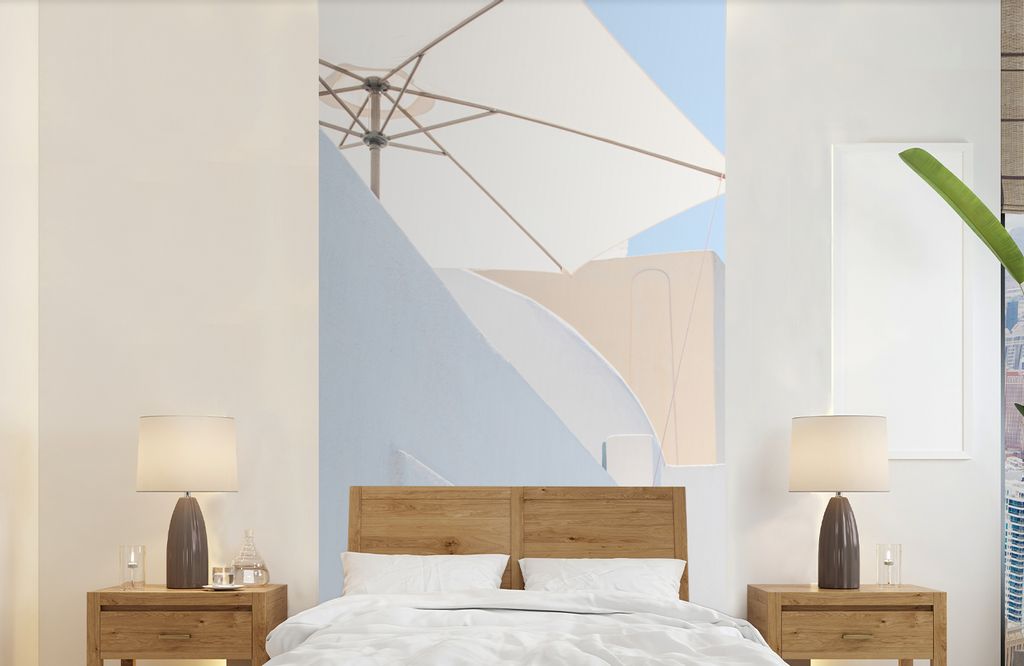 MuchoWow Fototapete für Wohnzimmer oder Schlafzimmer Wandtapete Vinyl Motivtapete Architektur - Sonnenschirm - Tür - Weiß - Blau - 120x240 cm ...