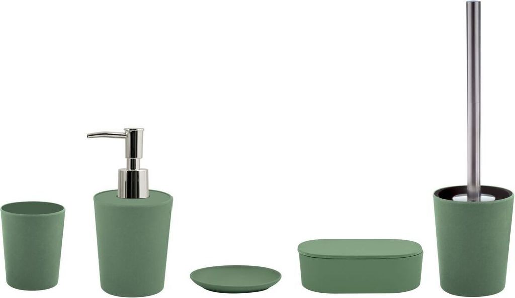 spirella Badset 5-teilig Aufbwahrungsdose WC Bürste Zahnputzbecher Seifenspender Badset Klobürste Bambus Basil Grün