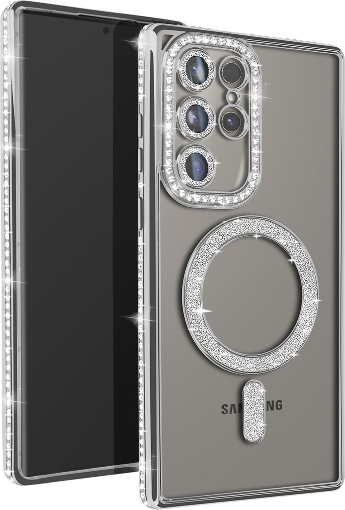 Avizar, Diamant-Hülle für Samsung S24 Ultra – MagSafe-Schutz mit Strass-Rand, Silber