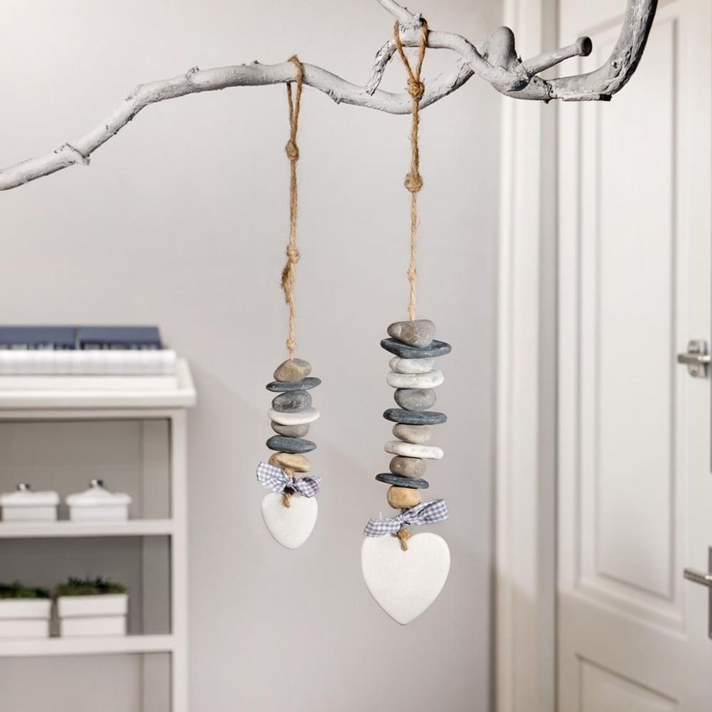2 suspensions décoratives "Cœur de pierre", gris + blanc, Image du produit 