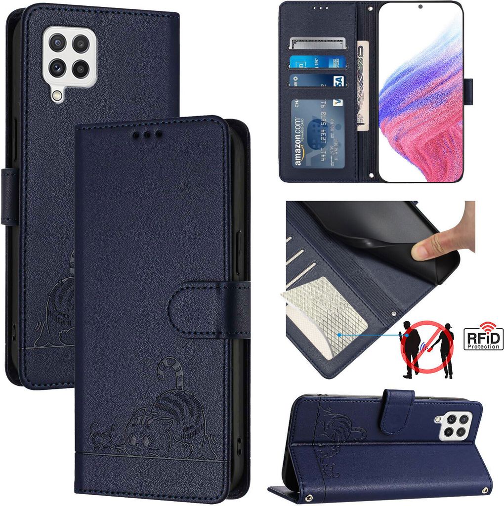 Leder Hülle für Samsung Galaxy A22 4G Süße Katze Flip Case Brieftasche Schutzhülle mit Standfunktion Blau