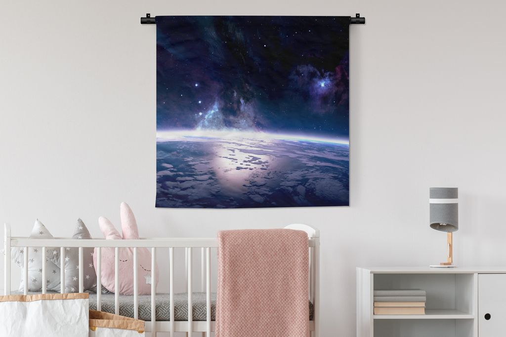 MuchoWow Wandteppich Wandbehang Erde - Sterne - Weltraum 90x90 cm Tapisserie Dekoration Wandtuch - Wandaufhänger