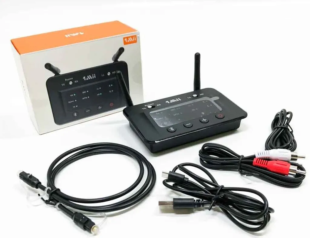 1Mii ricevitore trasmettitore audio Bluetooth 5.0, bypass per TV con RCA ottico AUX, aptX Low Latencia e Hi-Fi, doppio emistore Bluetooth per 2 cuffie, adattatore Bluetooth a lungo termine