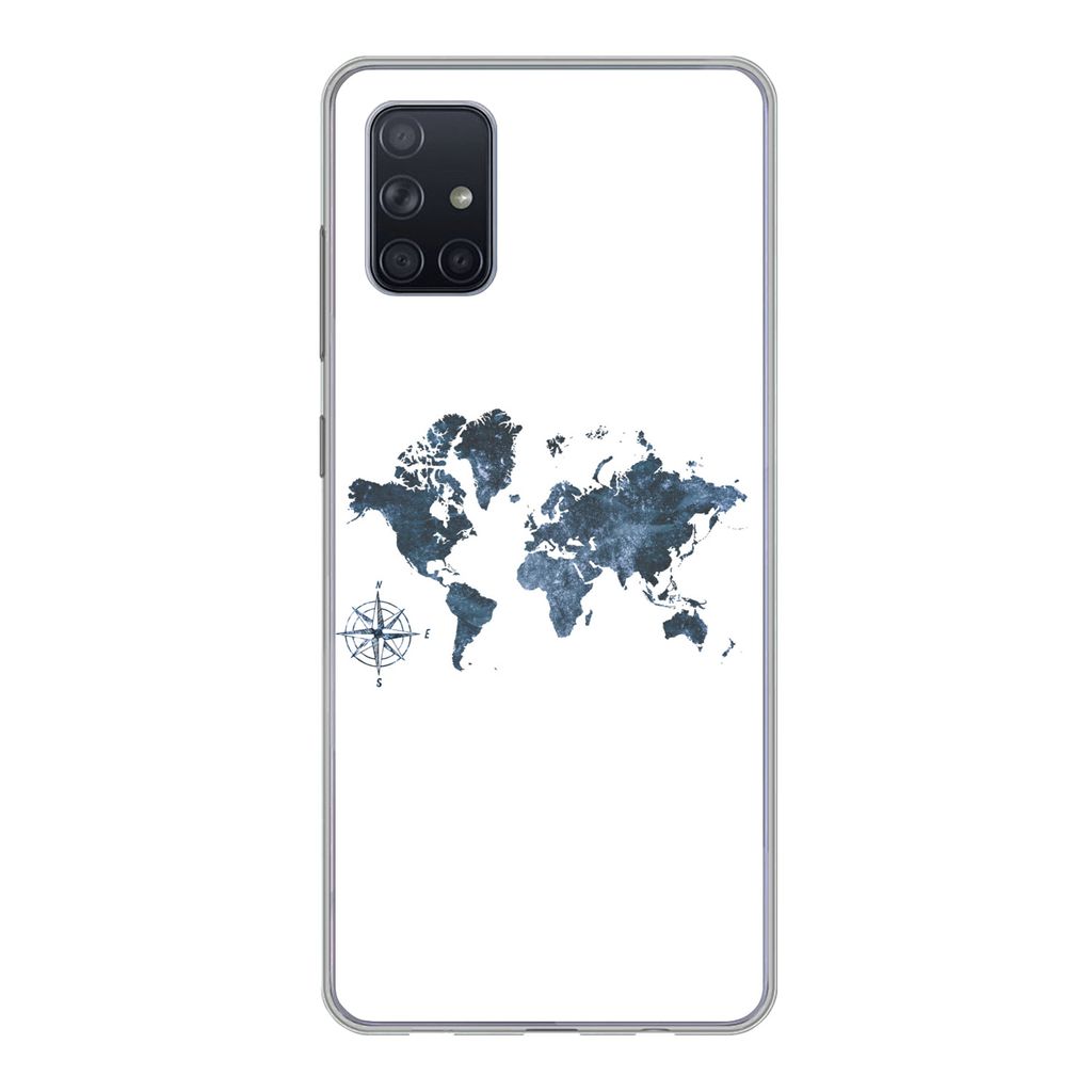 MuchoWow Handyhülle Schutzhülle Hülle für Samsung Galaxy A71 Weltkarte - blau - Kompass Silikon Softcase Handy Hülle - Kartenbesitzer