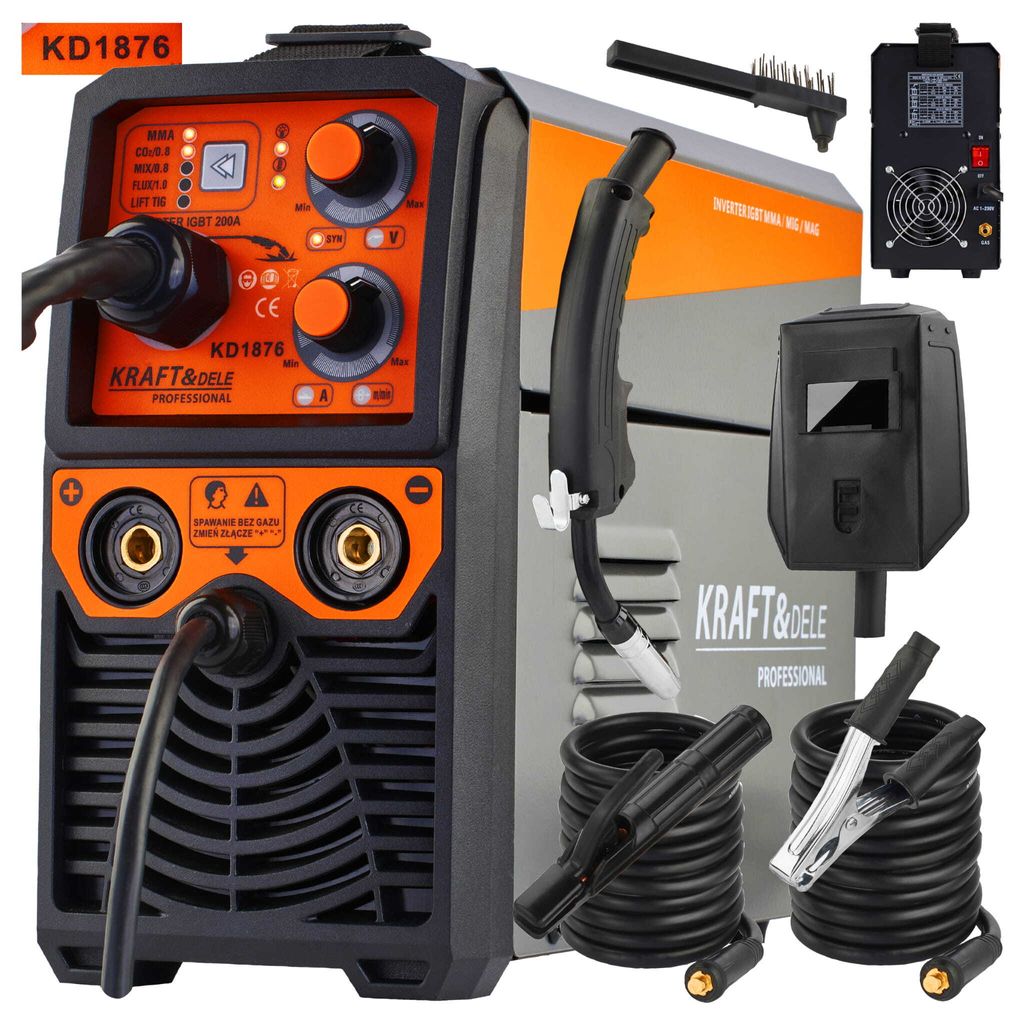 A collage of a welding machine and its accessories, presented against a white background.