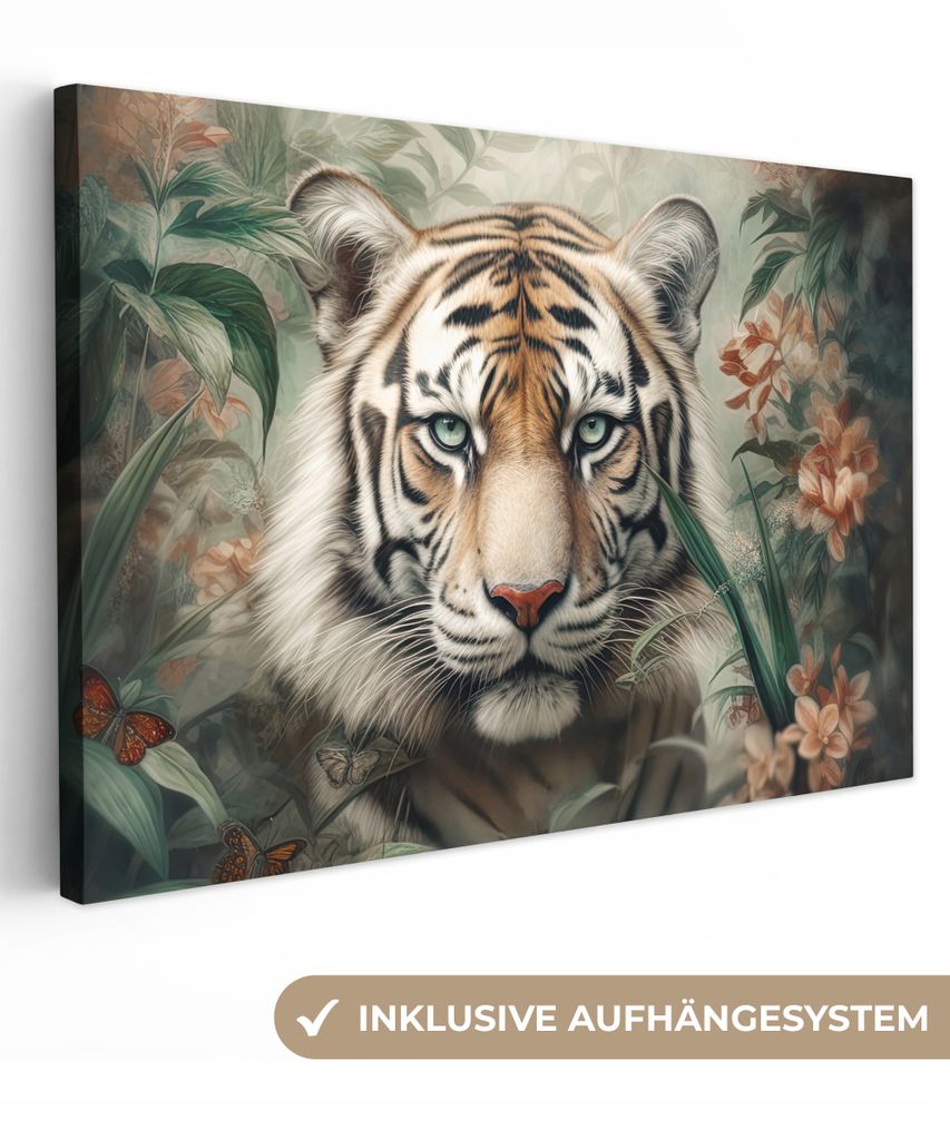 MuchoWow - Leinwandbilder - Tiger - Schmetterlinge - Tiere - Dschungel - Blumen, Wandbild, Wanddeko Bilder Wohnzimmer, 30x20 cm