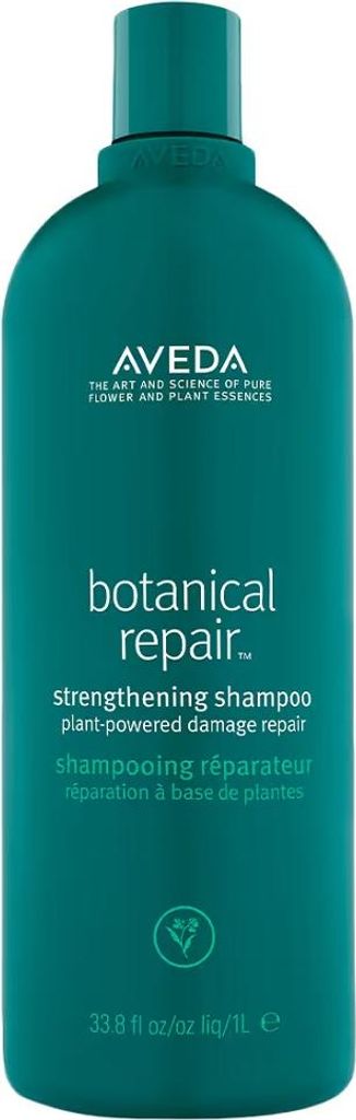 A teal bottle of Aveda Botanical Repair Strengthening Shampoo.
