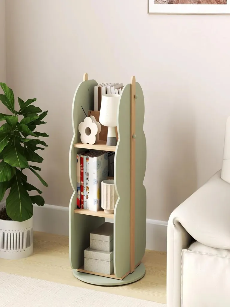 Bibliothèque enfant rotative en bois 3 niveaux verte 5 compartiments