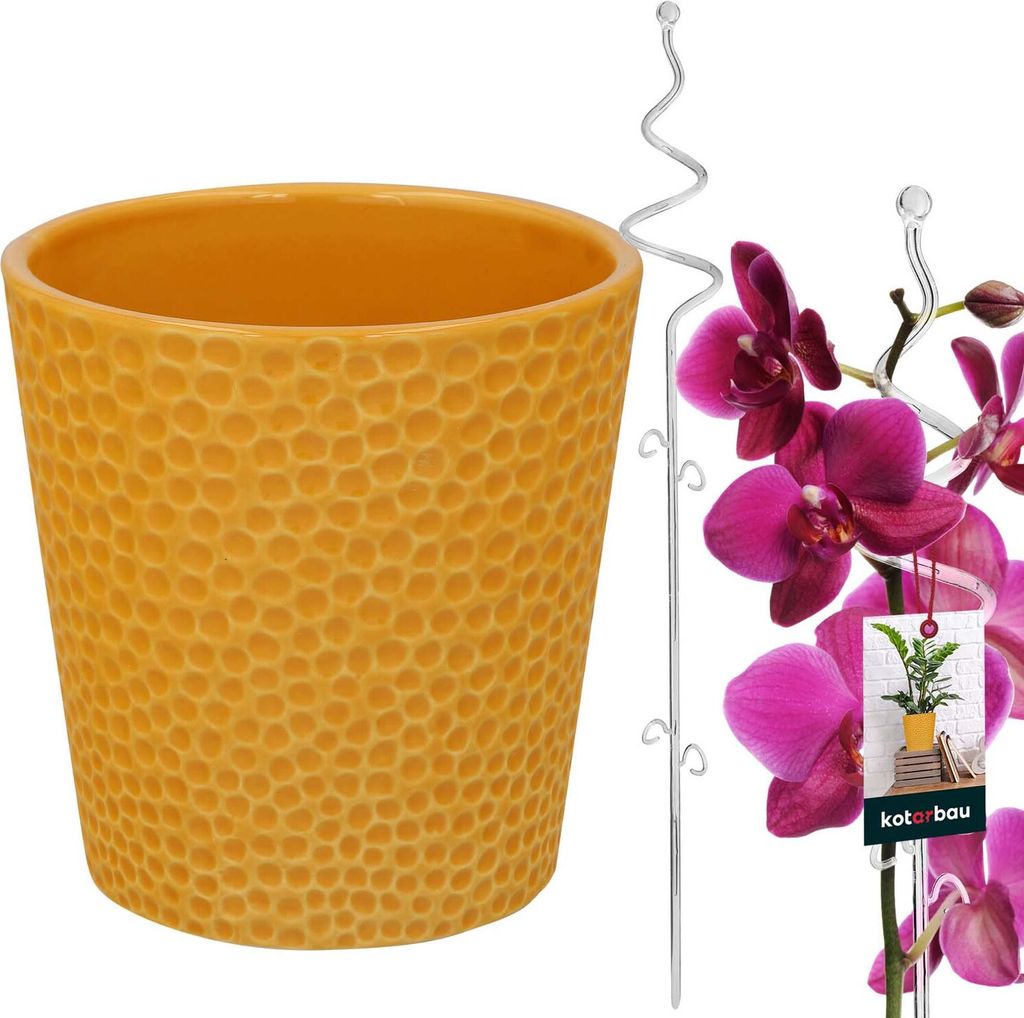 KOTARBAU Blumentopf Senffarbe Keramik glasiert 11cm mit Pflanzenstütze Transparent Spirale PVC 58cm Orchideentopf Keramik mit Blumenstütze Rank...