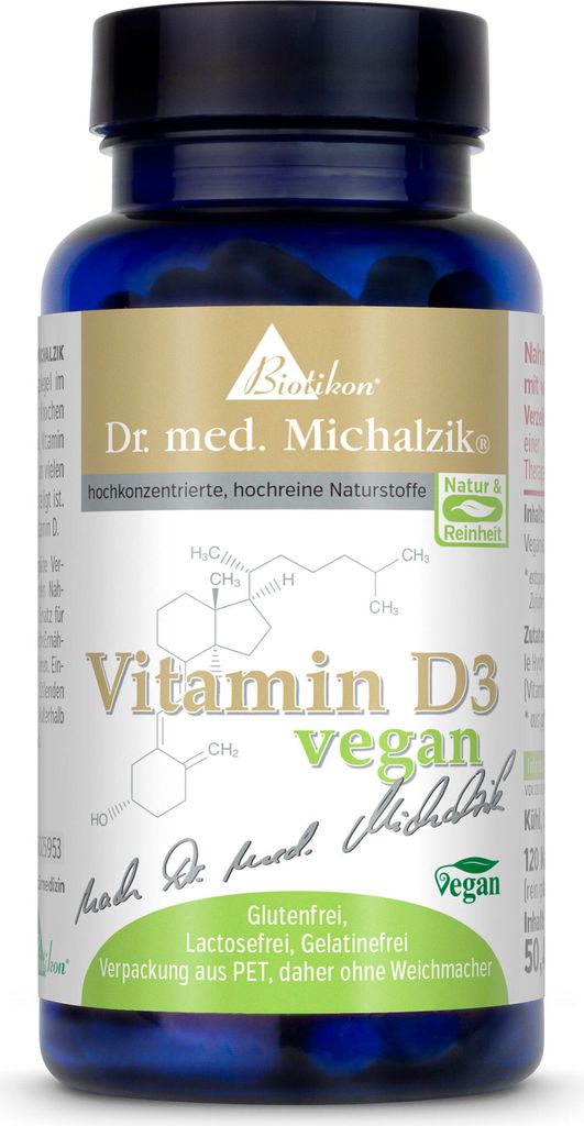 VEGANES Vitamin D3 Dr. med. Michalzik - 1000 I.U - Wichtiges SONNENVITAMIN - 120 Kapseln - ohne Zusatzstoffe - von BIOTIKON