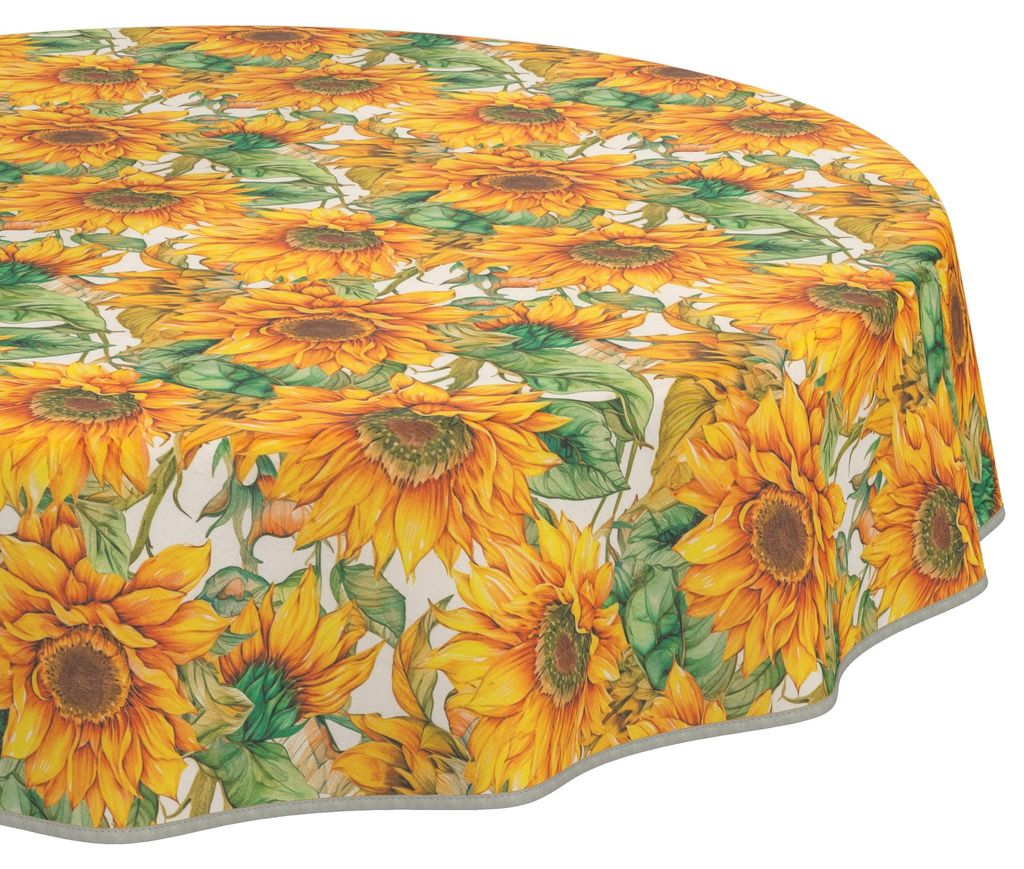 Tischdecke 120x120cm Rund Orange abwaschbar Granada Stoff Premium Floral Sonnenblumen mit Saumkante