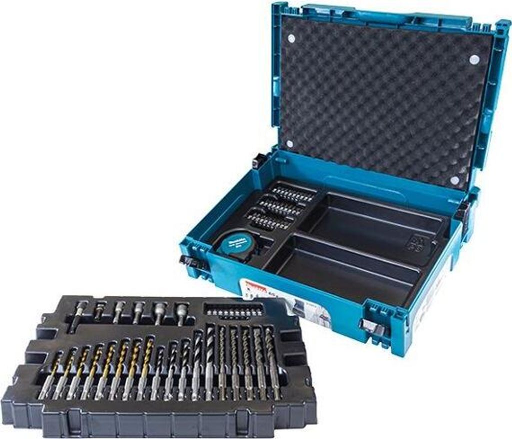 A teal and black tool case with various drill bits and accessories laid out.