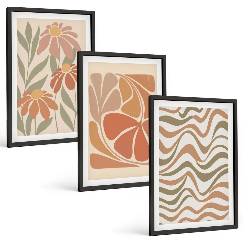 Bilder Set 3-teilig im schwarzen Rahmen – Wandbilder 3 Stück – gerahmte Poster für Wohnzimmer, Schlafzimmer und Flur – 40x60 cm – Abstrak...