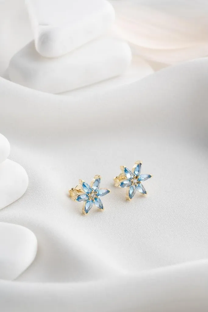 Boucles d'oreilles lotus pour femme en argent 925 doré et bleu zircon