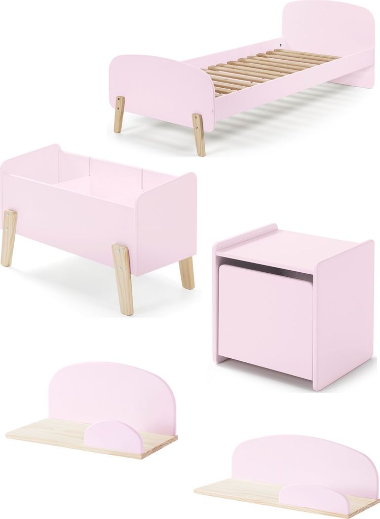 Diese KIDDY-Kombination in Rosa besteht aus einem Bett (90x200), einem Nachttisch, 2 Wandregalen (45 und 65 cm) und einer Spielzeugtruhe.