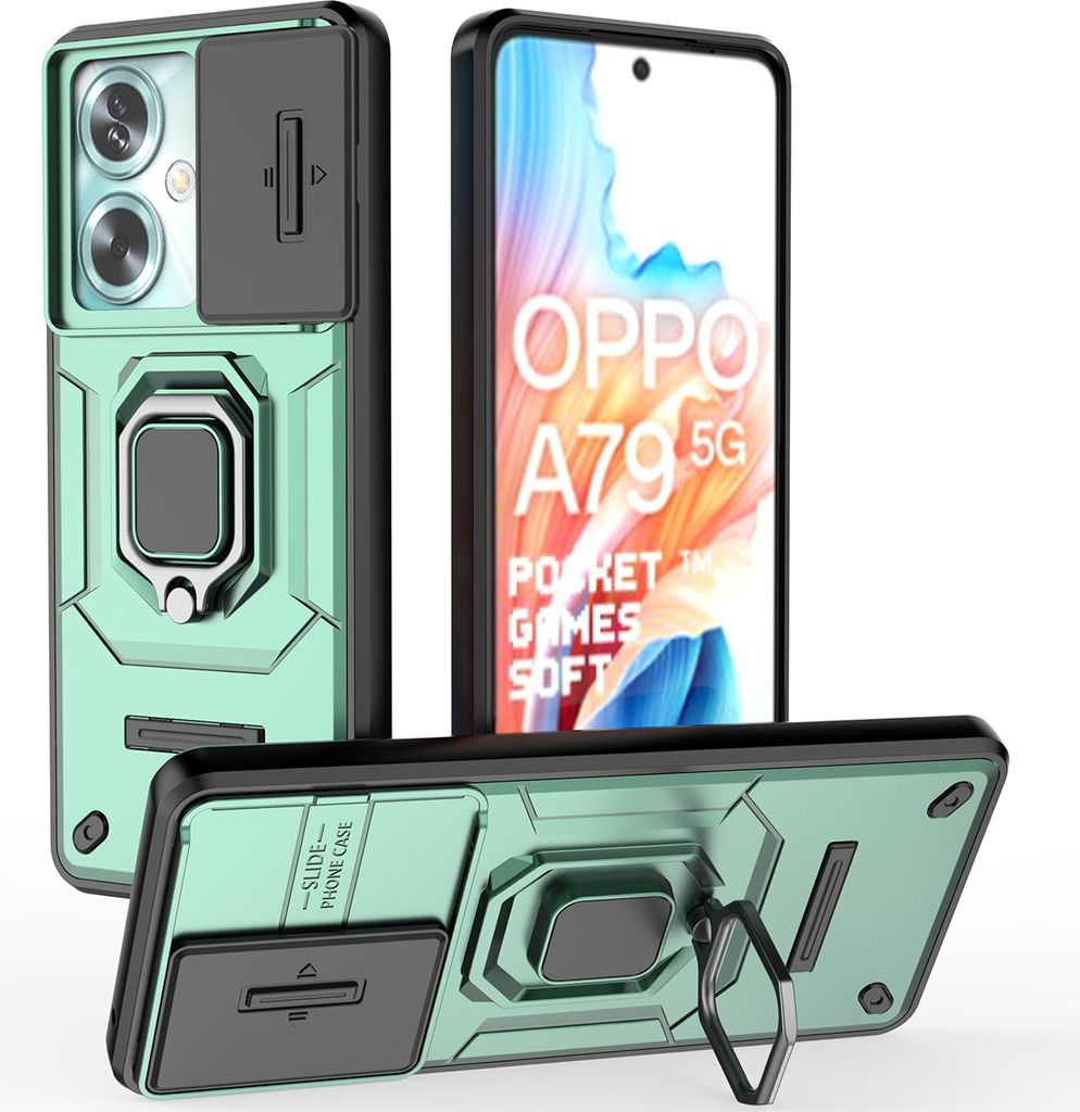 Hülle für Oppo A79 Dual Layer Handyhülle Schiebe Kamera Schutz und Ringhalter Ständer Grün