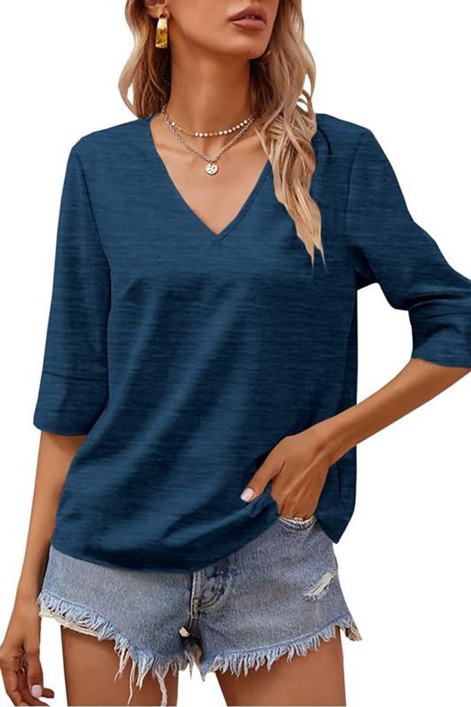 Damenmode Kurzarm-T-Shirt mit V-Ausschnitt, einfarbig, Produktbild 