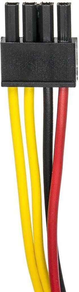A close-up view of a black connector with four pins and attached wires in yellow, black, and red.