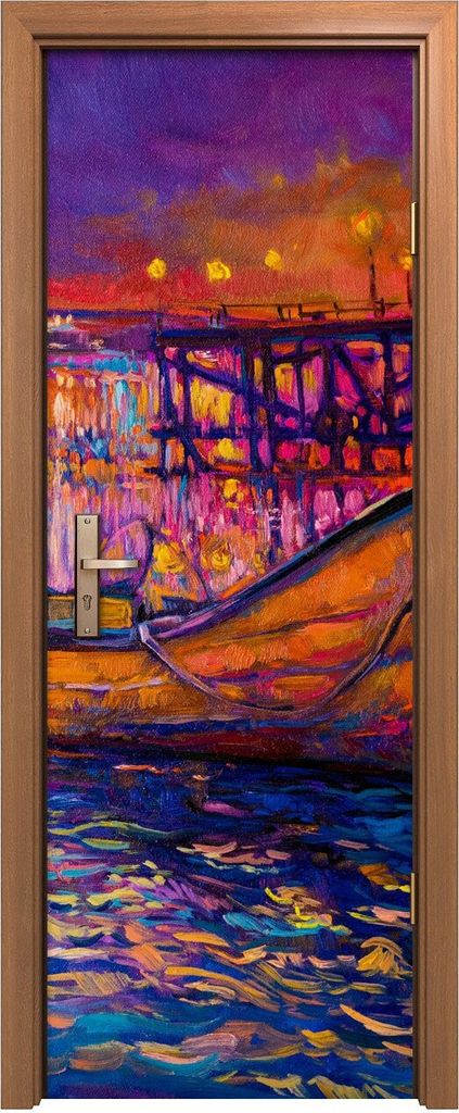 Türposter 70x200 cm Türaufkleber Türtapete Türfolie Klebefolie Kunst Boote Wasser Nacht Brücke Himmel