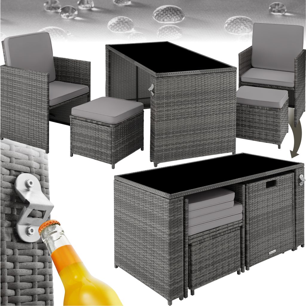 A collage of images showing a rattan furniture set, including chairs, ottomans, and a table, along with a bottle opener and a bottle of beer.