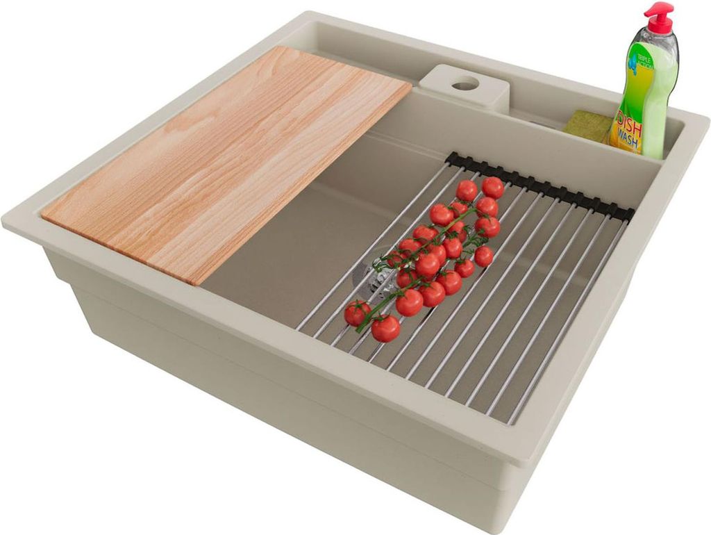 PRIMAGRAN Spülbecken Beige 56x54cm, Granitspüle 1 Becken + Ablauf-Set + Küchenzubehörset, Küchenspüle ab 60er Unterschrank - Bergen Pocket