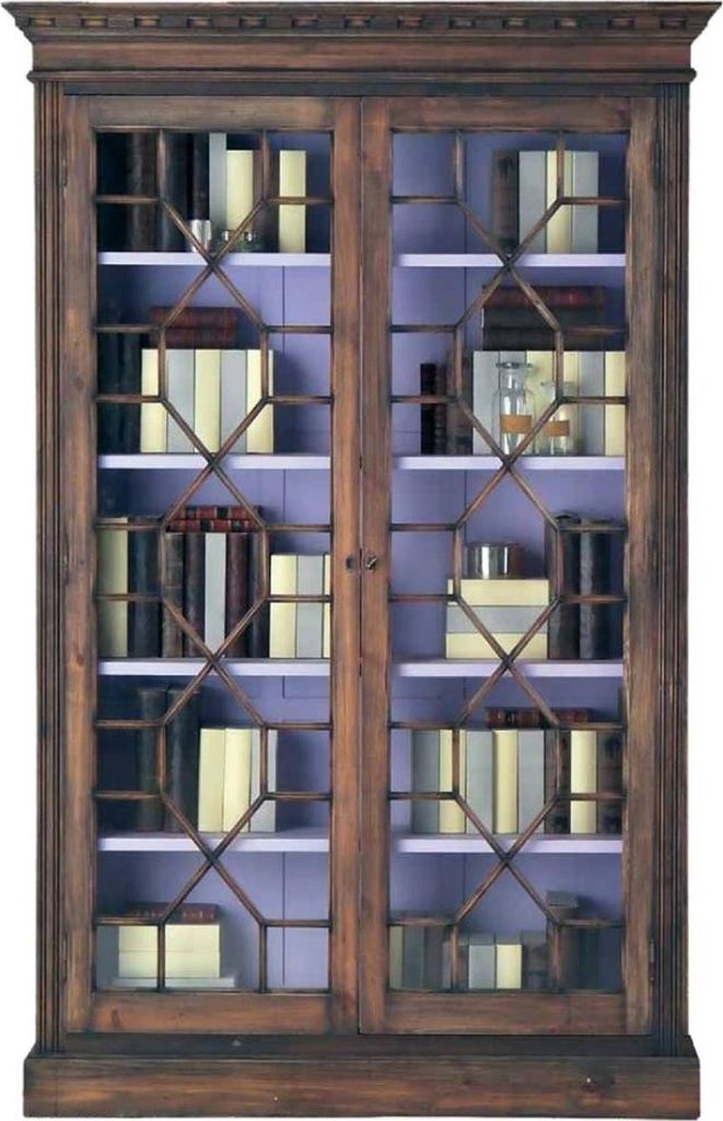 Casa Padrino Luxus Landhausstil Bücherschrank Braun / Lila 138 x 42 x H. 214 cm - Handgefertigter Massivholz Schrank mit 2 Glastüren - Vitrine - ...