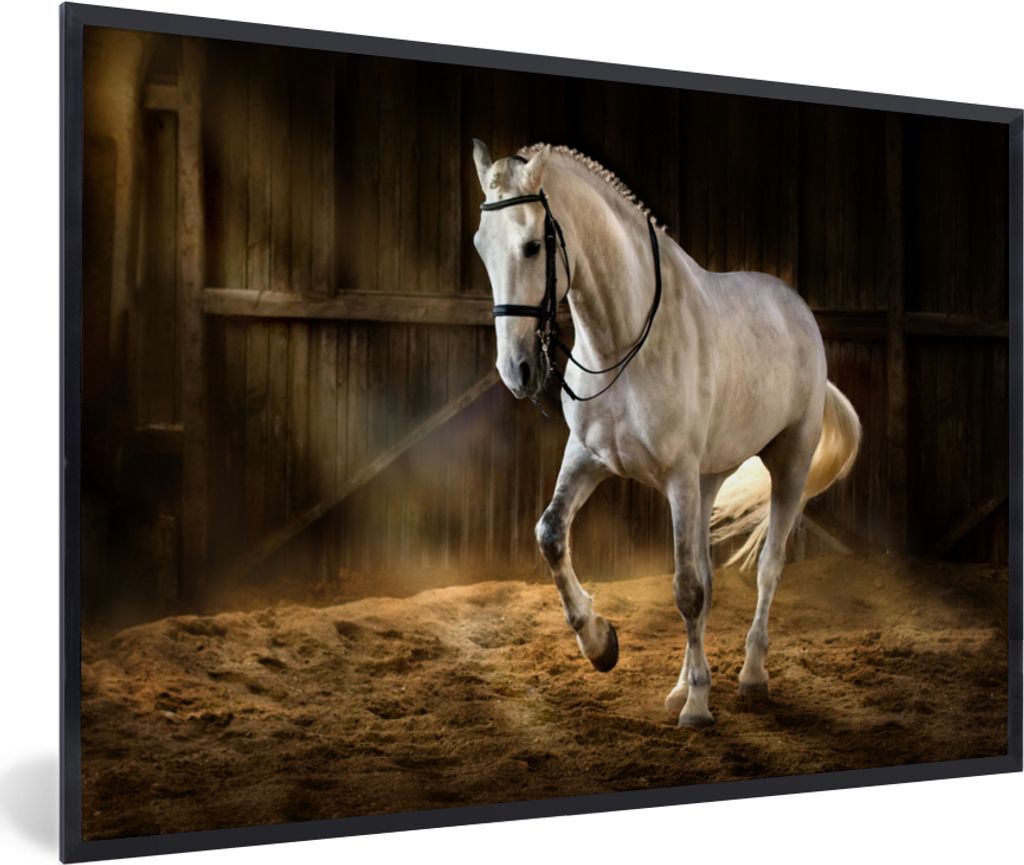 MuchoWow MuchoWow Gerahmtes Poster Pferd - Licht - Heu - Stall 90x60 cm - Poster mit zchwarzem Bilderrahmen - Fotorahmen - Foto-Plakat