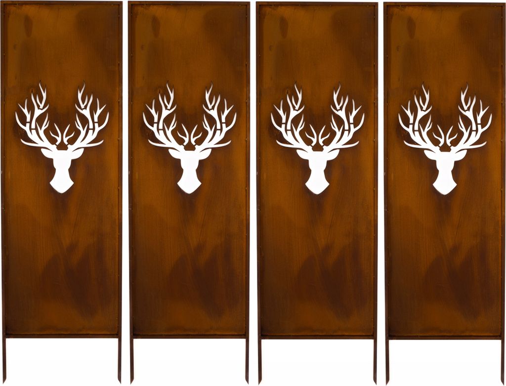 Four identical metal garden screens, each featuring a white silhouette of a stag's head with antlers, set against a rusty brown background.