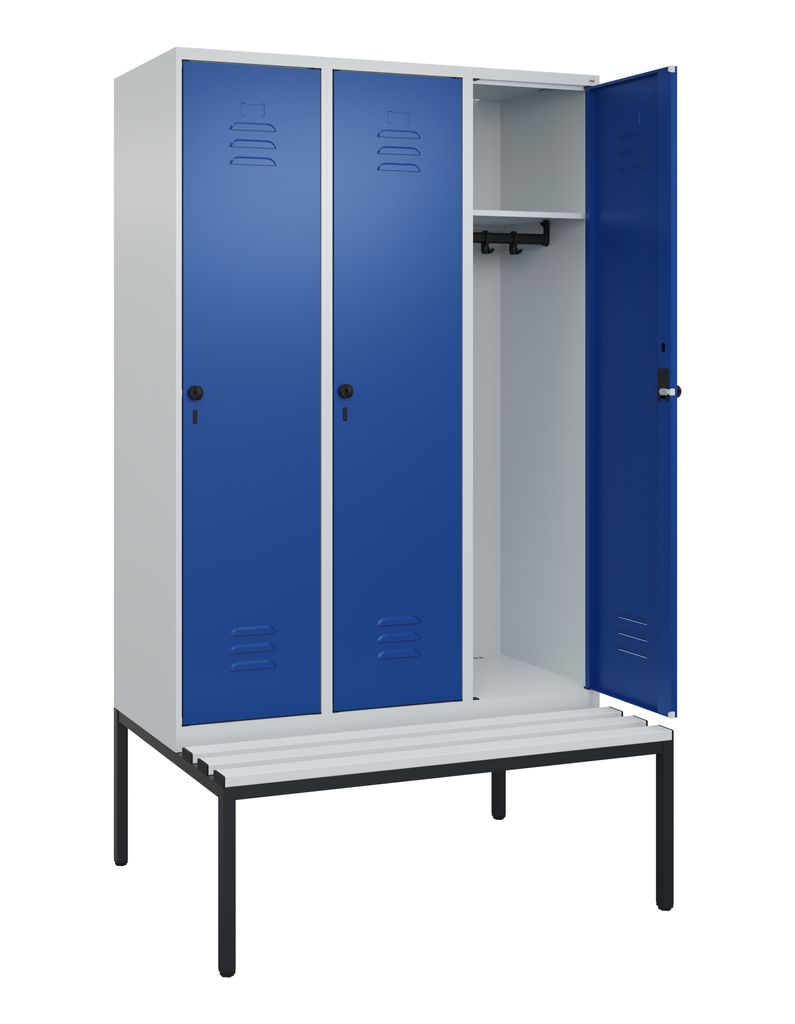 Garderobenschrank, untergeb. Sitzbank, BxTxH 1200x500x2120 mm, 3 Abteile, Abt.B 400 mm, Kunststoffleisten, Drehriegel, RAL 7035/5010